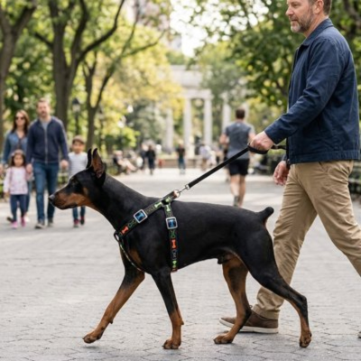 harnais chien noir resistant selon le mouvement