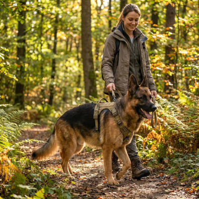 promenade sereine avec harnais chien kaki fonce tactique